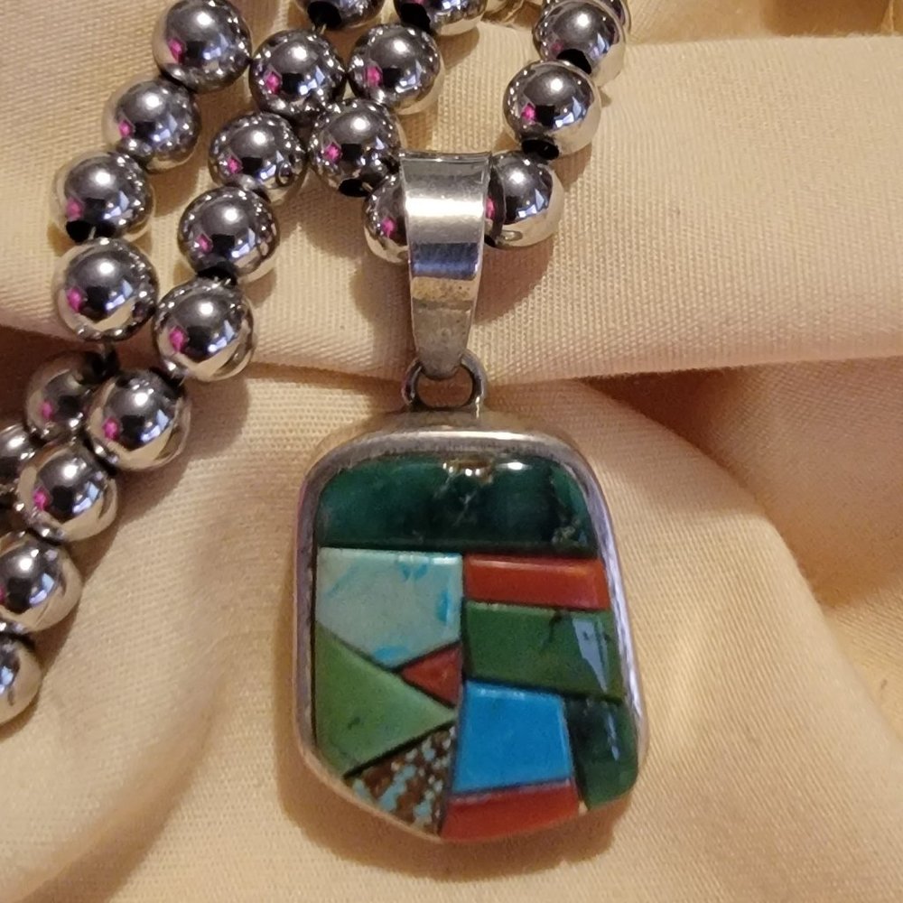 Navajo Multi-Turquoise/Coral Pendant - Signed - M